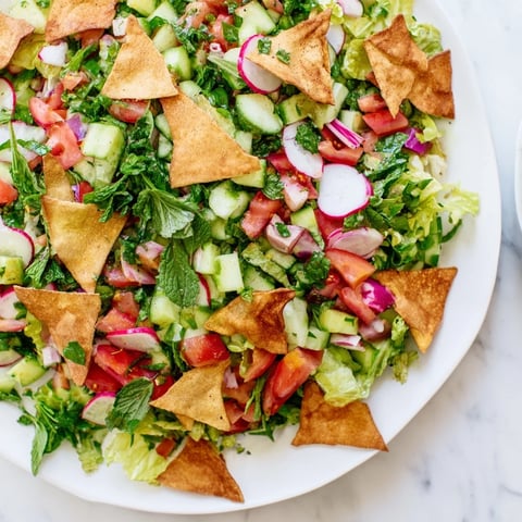 Lebanese Fattoush Salad: A colorful mix of fresh veggies, herbs, and crunchy pita chips, ready to eat.
