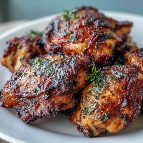 Crispy Baked Bone-In Chicken Thighs with golden crackling skin and juicy meat served with lemon wedges.