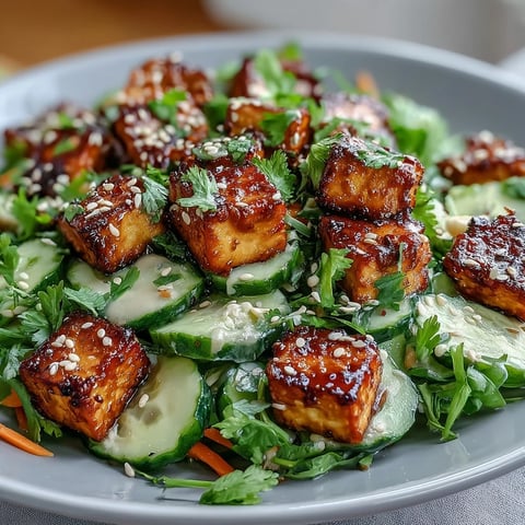 Golden, crispy tofu cubes sit atop a vibrant bowl of Creamy Asian Cucumber Salad with crunchy carrots and sesame seeds.