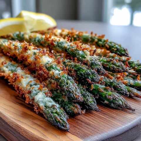 Golden, crunchy Crispy Asparagus Asiago Spears baked with panko and cheese, served with lemon wedges.