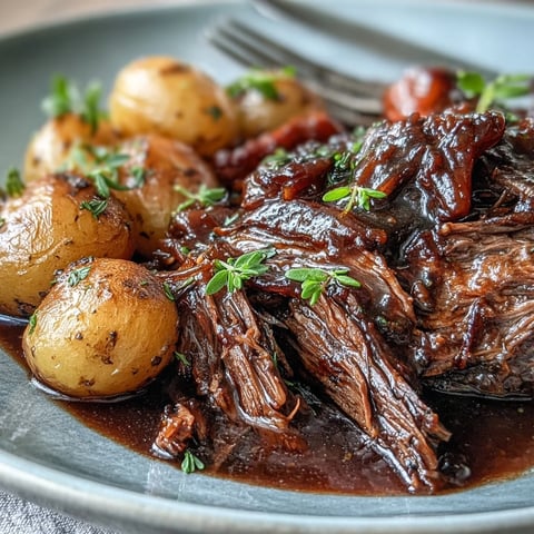 Golden brown beef pot roast sits in a Dutch oven with tender carrots and baby potatoes in rich gravy.