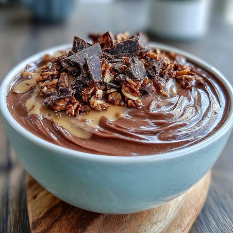 A creamy Chocolate Peanut Butter Smoothie Bowl topped with sliced bananas, granola, and a rich peanut butter drizzle for a perfect breakfast.