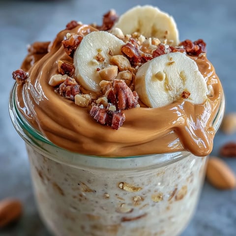 Creamy High-Protein Peanut Butter Overnight Oats layered with vanilla Greek yogurt, topped with sliced bananas and crushed peanuts.  