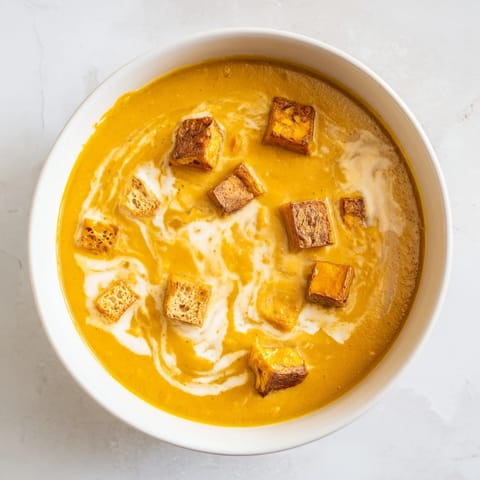 Creamy roasted pumpkin soup with toasted seeds, a warm bowl of autumnal comfort.