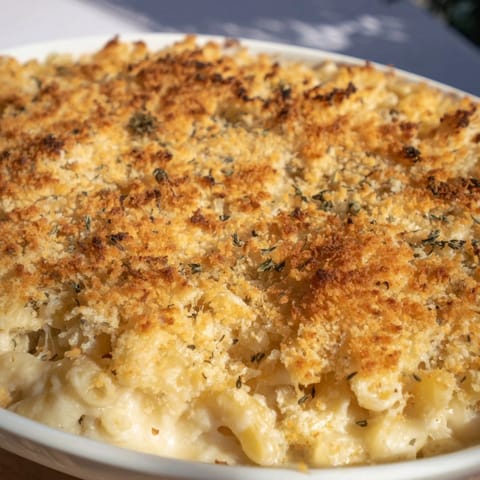 Melting cheese coats tender macaroni in a photograph of the perfect Classic Oven-Baked Macaroni and Cheese.