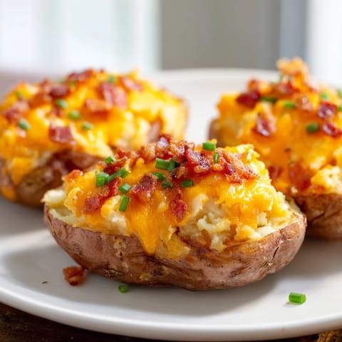 Cheesy, baked Loaded Sweet Potato Skins garnished with crumbled bacon and fresh, fragrant chives.