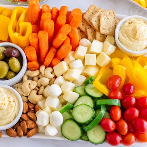 Delicious adult Lunchable: a veggie snack board featuring fresh produce and creamy dips for a bright lunch.