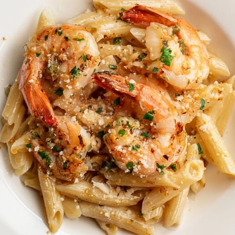 Steaming bowl of Garlic Shrimp Penne with fresh herbs and Parmesan, ready to enjoy.