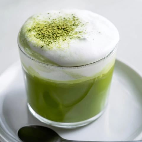 Swirly, vibrant green creamy matcha latte, topped with a cloud of sweet, fluffy cold foam.