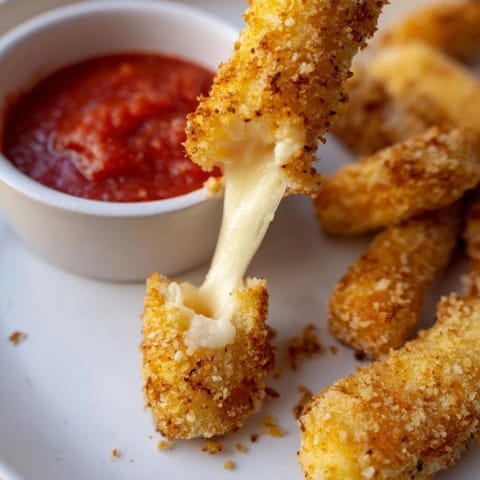 Air Fryer Mozzarella Sticks arranged on a plate with fresh basil garnish, ready for a quick appetizer.