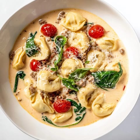 Hearty Tortellini Beef Soup served hot in a rustic bowl, garnished with fresh basil and a sprinkle of Parmesan cheese for extra flavor.  