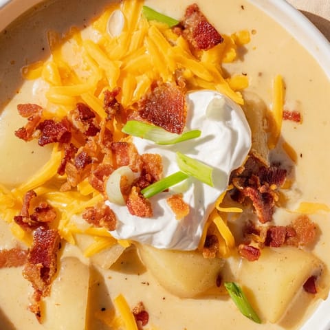 A steaming bowl of Loaded Baked Potato Soup topped with crispy bacon crumbles, sharp cheddar, and green onions on a rustic table.