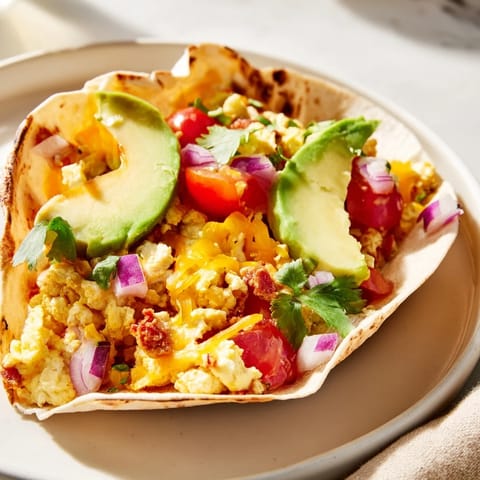 Freshly baked Sheet Pan Breakfast Tacos with fluffy eggs, melted cheddar, and avocado slices on a wooden table.  
