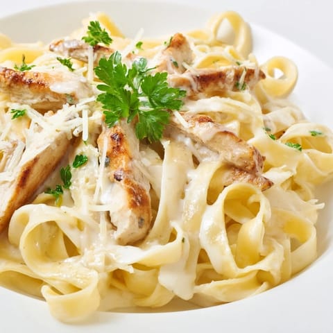 A comforting one-pan Skillet Chicken Alfredo dinner featuring al dente pasta coated in velvety cream sauce, served hot straight from the skillet.  