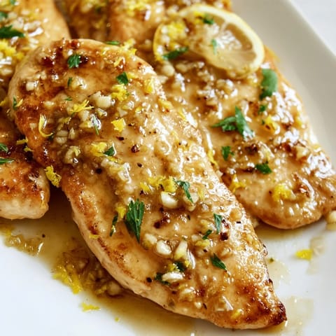 Tender Lemon Pepper Chicken breasts coated in zesty sauce, garnished with fresh parsley on a plate.