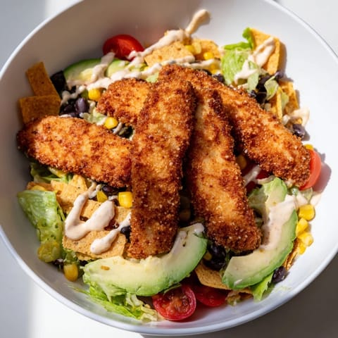 A close-up of Crispy Chicken Taco Salad reveals colorful tomatoes, avocado, shredded cheddar, and crunchy tortilla strips.