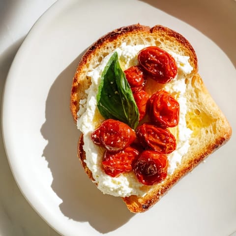 Warm, caramelized cherry tomatoes and smooth ricotta cheese piled high on a crispy slice of rustic bread, ready to be enjoyed.  