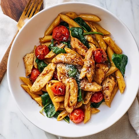 Close-up view of tender chicken strips and penne tossed in a rich balsamic sauce, showing wilted spinach and melted Parmesan for a savory weeknight dinner.