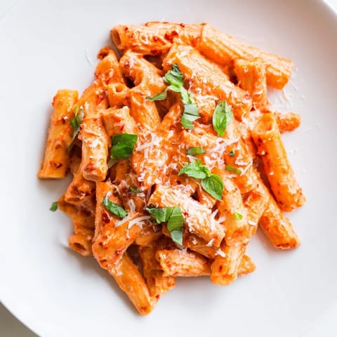 Tender penne noodles napped in a luscious, garlicky Creamy Roasted Red Pepper Pasta sauce, served steaming in a white bowl.