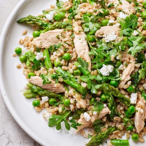 Sunlit plate of Warm Spring Farro Chicken Salad featuring tender grains, crisp vegetables, and crumbled feta cheese, ready for a light meal.  
