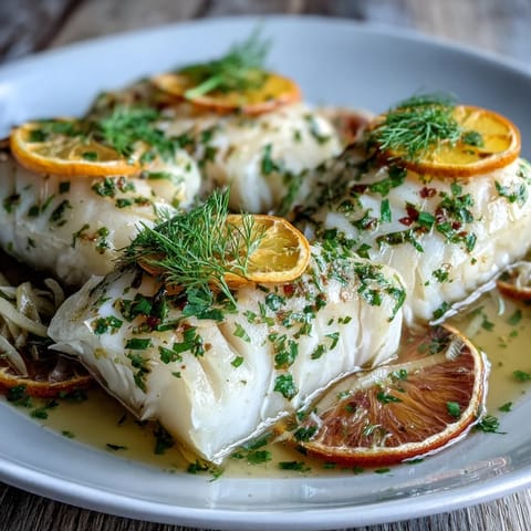 Poached cod with fennel and orange, moist fillets with citrus and anise flavors.