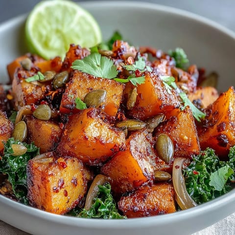 Sweet and Spicy Red Kuri Squash Bowl with maple caramelized onions and wilted kale.