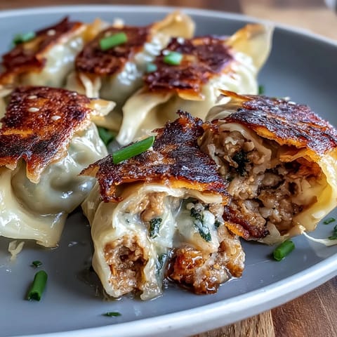Golden brown smashed gyozas pan-fried with crispy edges, perfect appetizer.