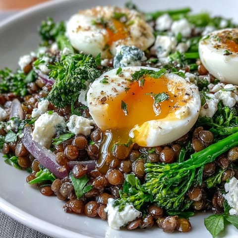 Bright green broccolini, tender French lentils, and jammy soft-cooked eggs arranged on a white plate with a glossy Dijon vinaigrette drizzle.