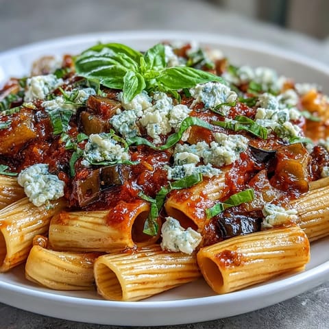 Golden roasted eggplant and fresh basil garnish a hearty serving of Sicilian Pasta Alla Norma, ready to be enjoyed with grated ricotta salata.