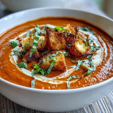 Creamy Roasted Tomato Soup served in a white bowl, garnished with fresh basil and crispy bread cubes.