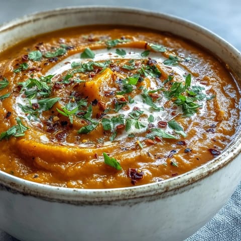 Golden Carrot and Lentil Soup topped with herbs, served alongside warm naan bread for dipping.