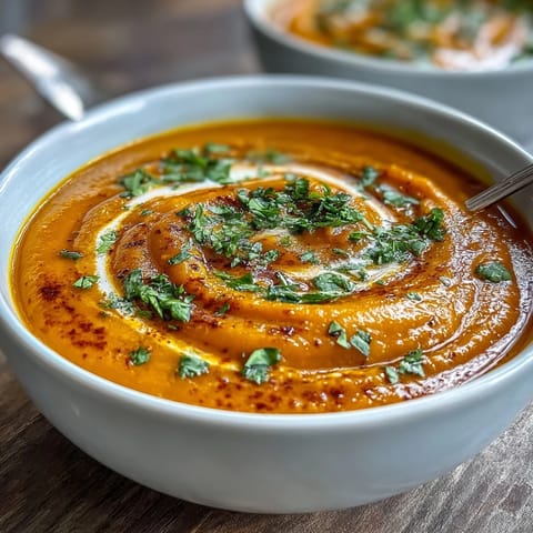 Steaming pot of homemade Carrot Ginger Soup on a rustic kitchen counter, surrounded by fresh carrots and ginger.