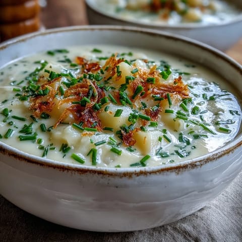 Spoonful of silky Potato Leek Soup ladle from a pot, with Yukon Gold potatoes and sweet leeks.