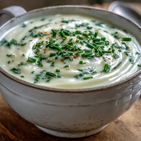 A warm bowl of Potato Leek Soup topped with chives and a swirl of cream.