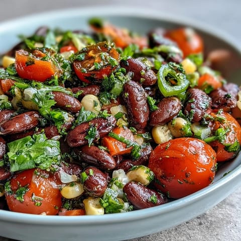 Chilled Cowboy Caviar appetizer, featuring a colorful mix of beans, tomatoes, and a tangy lime dressing on a rustic table.