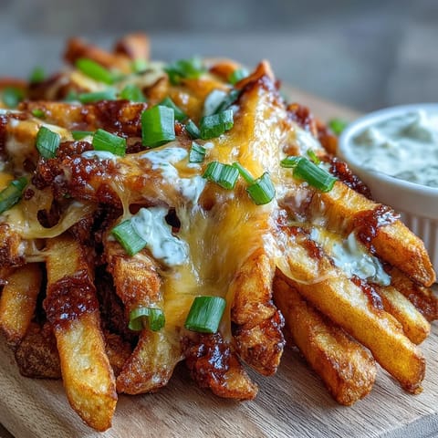 A close-up of golden-brown fries smothered in smoky BBQ seasoning, gooey melted cheddar, and fresh parsley, ideal for a party platter.