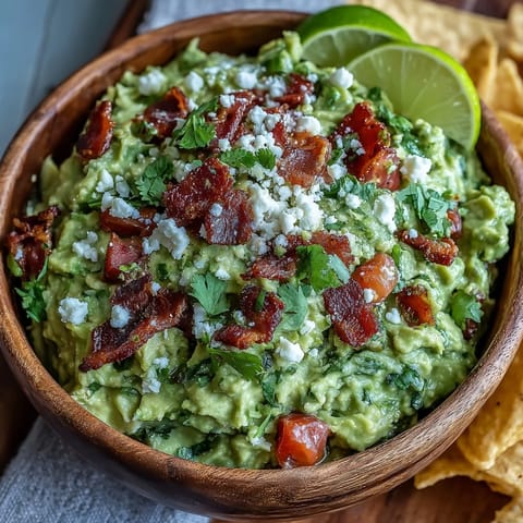 Fresh avocado mash with diced tomatoes, red onion, and jalapeños, garnished with bacon and Cotija for a smoky twist.  