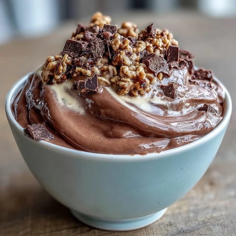 Thick, frosty Chocolate Peanut Butter Smoothie Bowl made with Greek yogurt and cocoa, garnished with chopped dark chocolate and crunchy granola clusters.