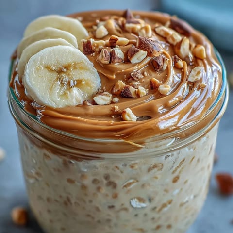 A jar of High-Protein Peanut Butter Overnight Oats with a drizzle of honey and fresh blueberries for a nourishing breakfast.  