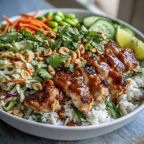 Creamy peanut sauce is drizzled over the colorful Coconut Rice Peanut Bowl, with lime wedges and chopped peanuts on the side.