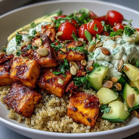 This healthy Simple Grain Bowl is topped with crunchy pumpkin seeds and a light lemon vinaigrette drizzle.