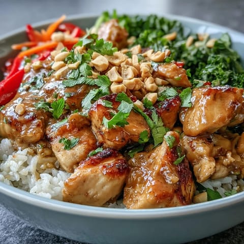 Thai Peanut Chicken Bowl with tender chicken, fluffy coconut rice, crisp veggies, and creamy peanut sauce garnished with lime wedges.