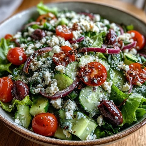 Crisp Mediterranean Green Salad Bowl tossed with red onion and a tangy Greek dressing, served ready to eat in a white bowl.
