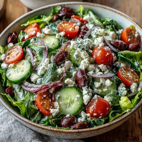 Fresh Mediterranean Green Salad Bowl with spring mix, cherry tomatoes, and cucumber topped with crumbled feta and Kalamata olives.