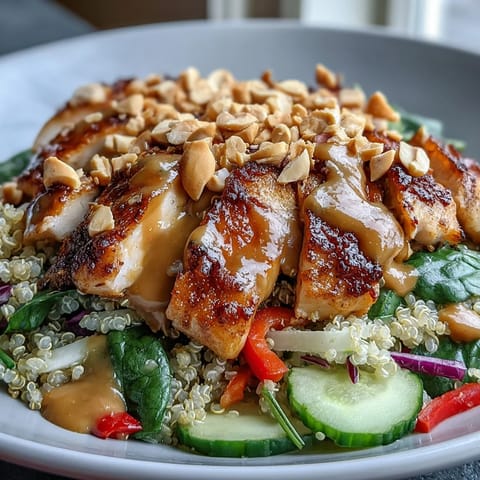Sliced baked chicken and crisp veggies over fluffy quinoa, drizzled with a creamy peanut sauce for this hearty Peanut Chicken Power Bowl.