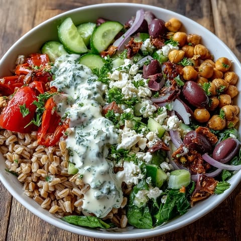 Fork-ready Mediterranean Farro Bowl with chickpeas, spinach, tomatoes, cucumber, and Kalamata olives on a light surface.