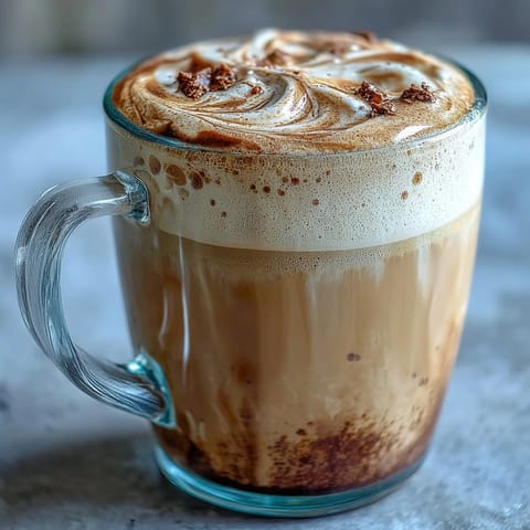 A warm, creamy Hojicha Latte with Vanilla Extract steaming in a rustic mug, topped with delicate foam and a sprinkle of roasted green tea powder.