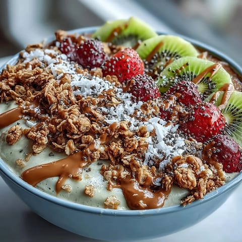 Creamy hojicha smoothie bowl topped with granola, fresh berries, and sliced kiwi, served in a bowl.