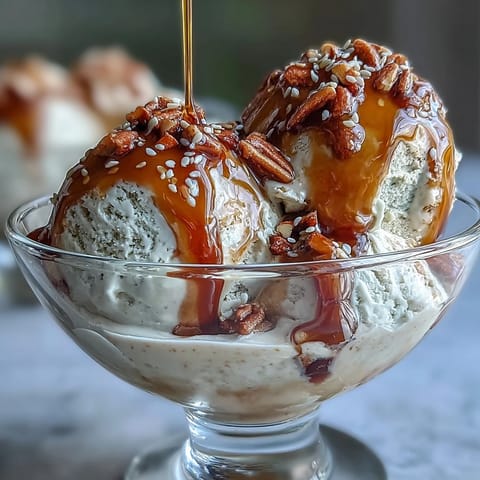 Creamy vanilla ice cream melting under a shot of hot roasted Hojicha Affogato, served in a clear glass.