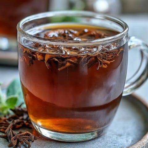 A freshly brewed Hojicha Americano beside loose roasted tea leaves and a bamboo scoop. 